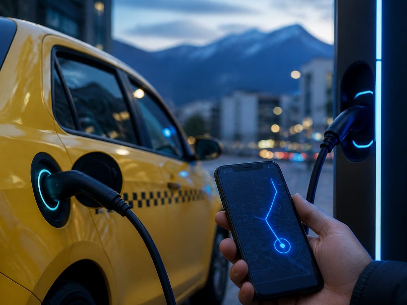 Taxi eléctrico amarillo conectado a una estación de carga, con un smartphone mostrando una ruta